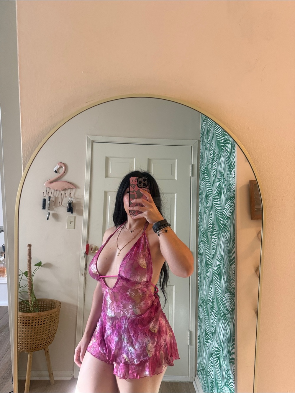 Fashion Nova Pink Floral Sheer Lace Skort Dress